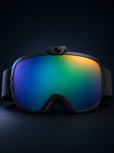 Front view of the goggles with a warm highlight along the lens