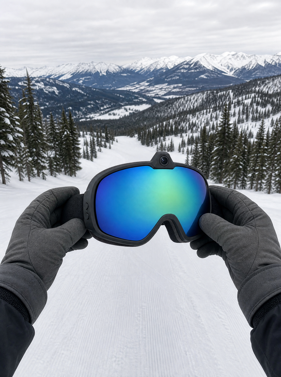 Holding the goggles at the top of a run