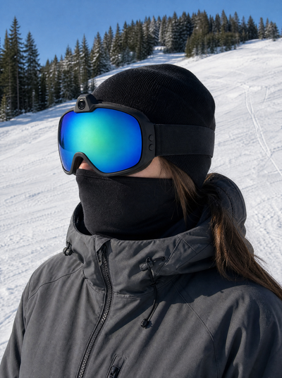 A skier wearing the goggles over a beanie on a snowy slope