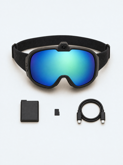 The goggles with the spare battery, card and cable laid out