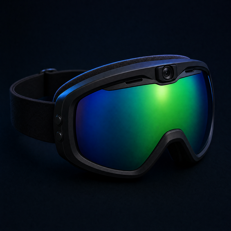 The goggles in three quarter profile on a dark background