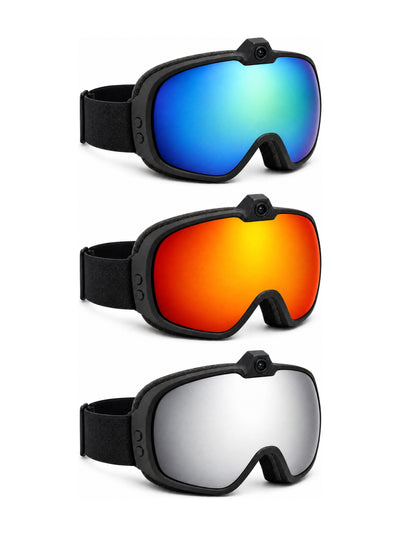 All three lens colours, blue, orange and silver, stacked